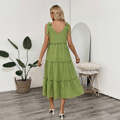 A-Line Midi Dress with Tie-Shoulder V-Neck and Tiered Skirt