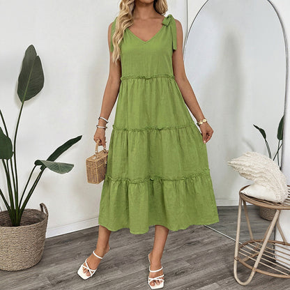 A-Line Midi Dress with Tie-Shoulder V-Neck and Tiered Skirt