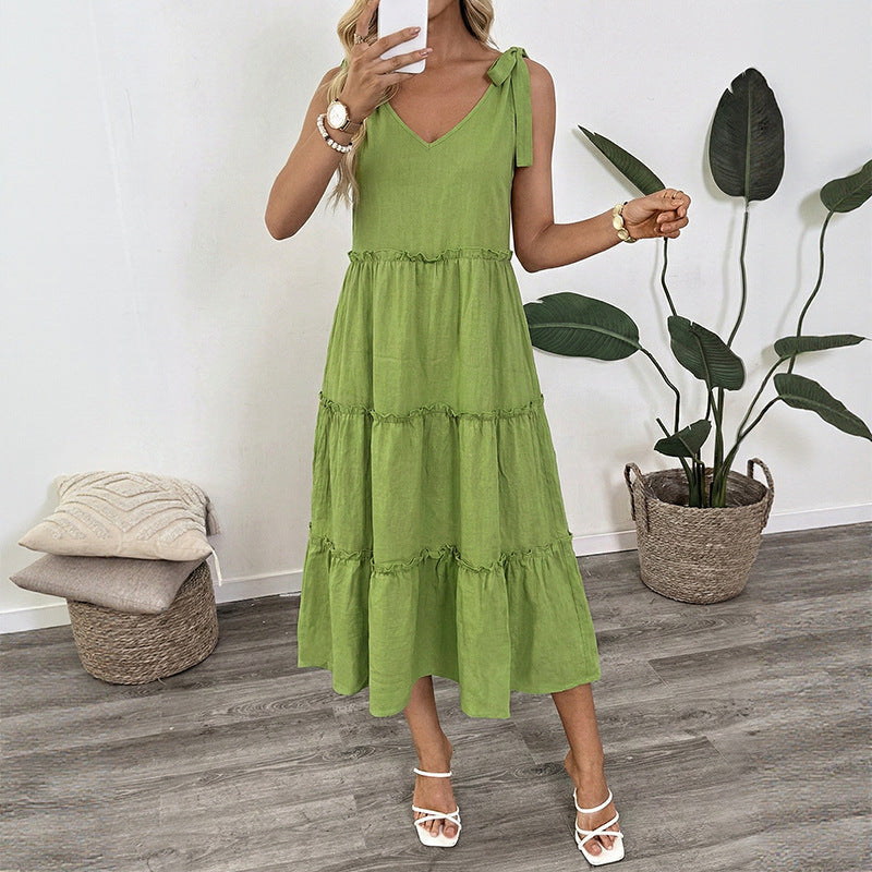 A-Line Midi Dress with Tie-Shoulder V-Neck and Tiered Skirt
