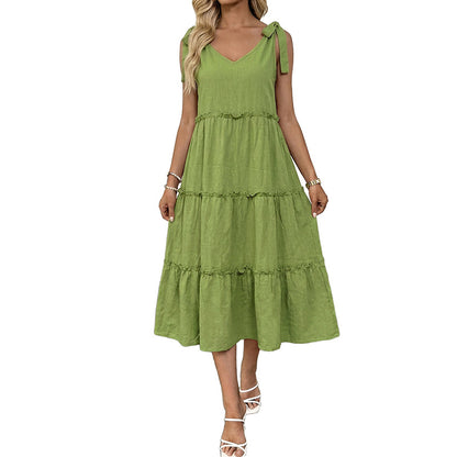 A-Line Midi Dress with Tie-Shoulder V-Neck and Tiered Skirt