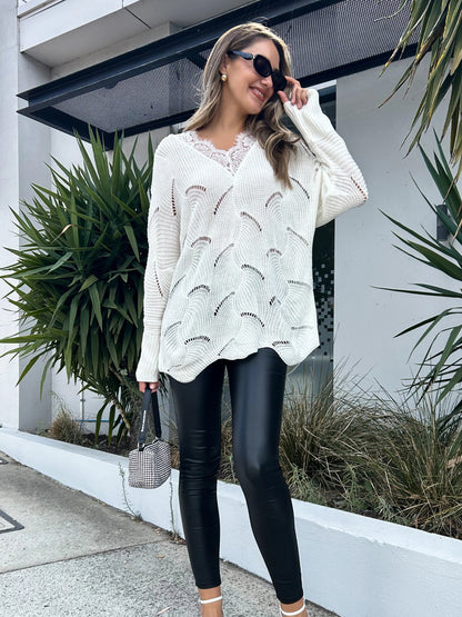 Loose-Fit Sweater with Lace V-Neck and Perforated Knit