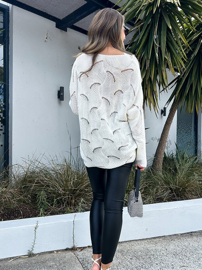 Loose-Fit Sweater with Lace V-Neck and Perforated Knit