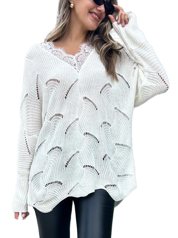 Loose-Fit Sweater with Lace V-Neck and Perforated Knit