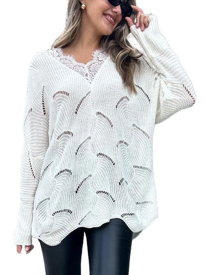 Loose-Fit Sweater with Lace V-Neck and Perforated Knit
