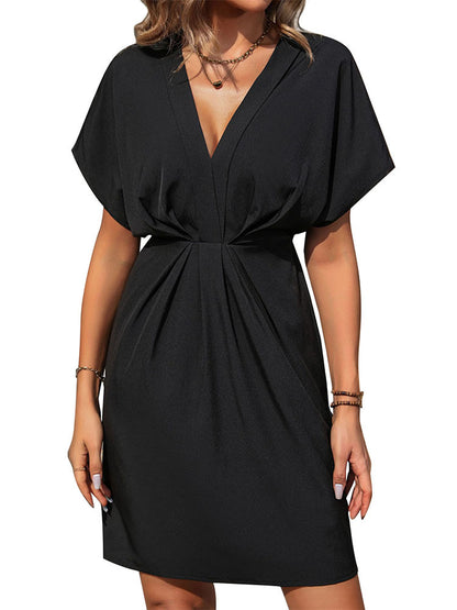 Solid Midi Dress with V-Neck, Batwing Sleeves, and Pleated Waist