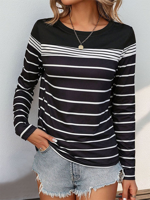 Black and White Striped Long-Sleeve Round Neck Top
