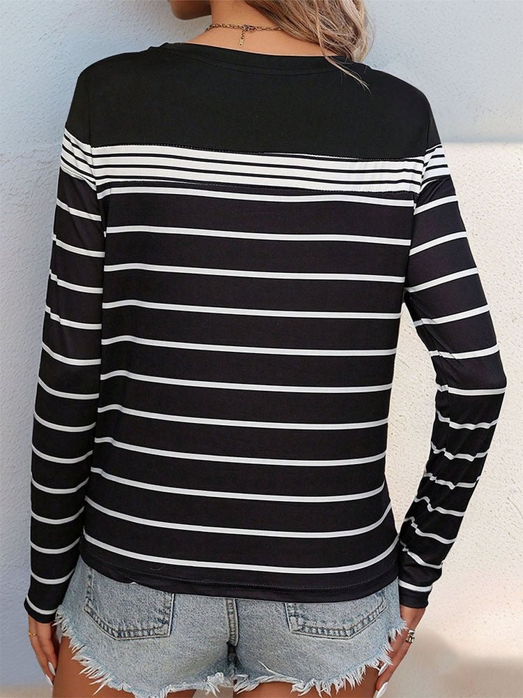 Black and White Striped Long-Sleeve Round Neck Top