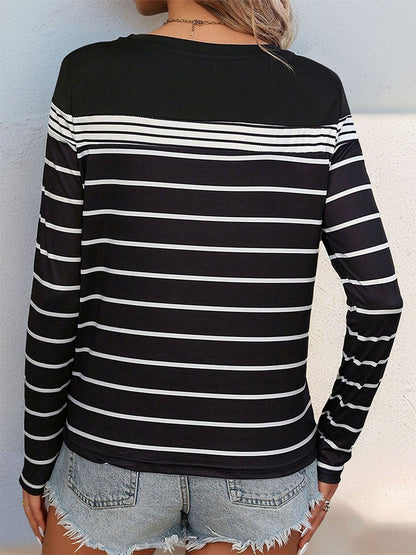 Black and White Striped Long-Sleeve Round Neck Top