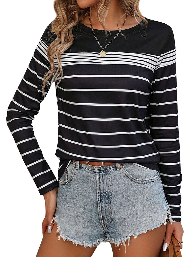 Black and White Striped Long-Sleeve Round Neck Top