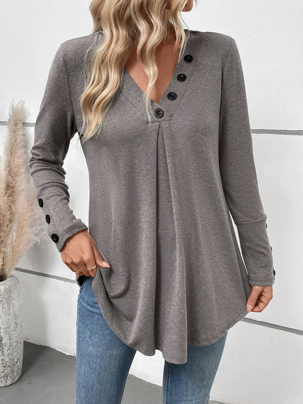 Solid Tunic Top with Pleated Button V-Neck