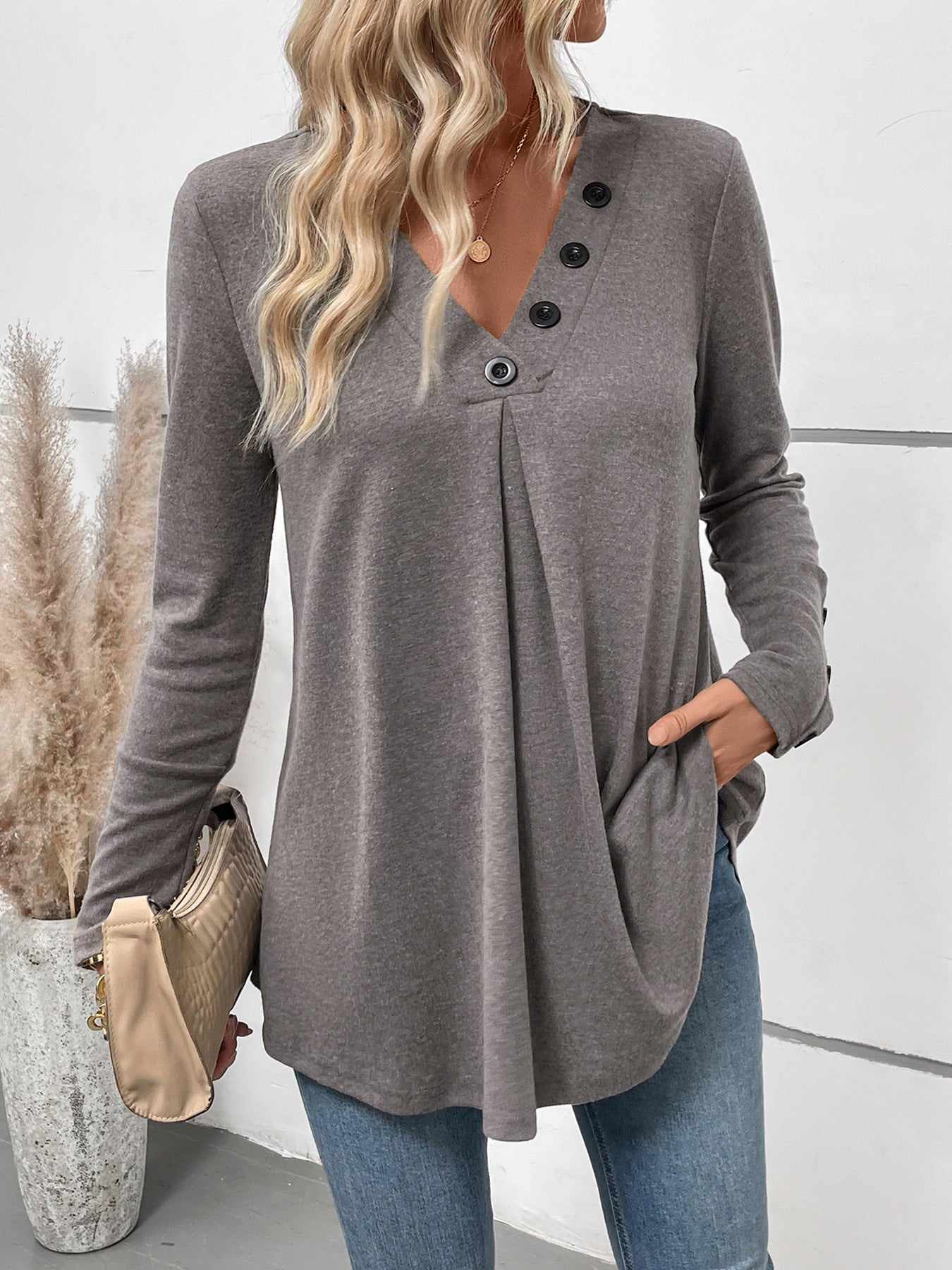 Solid Tunic Top with Pleated Button V-Neck