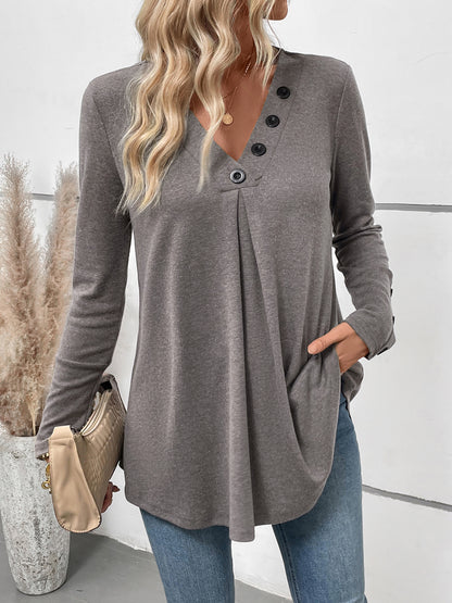 Solid Tunic Top with Pleated Button V-Neck