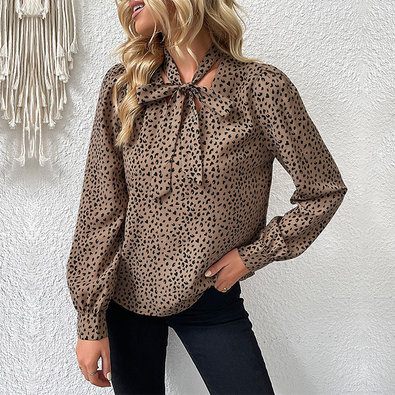 Leopard Print Long-Sleeved Blouse with Tie-Neck
