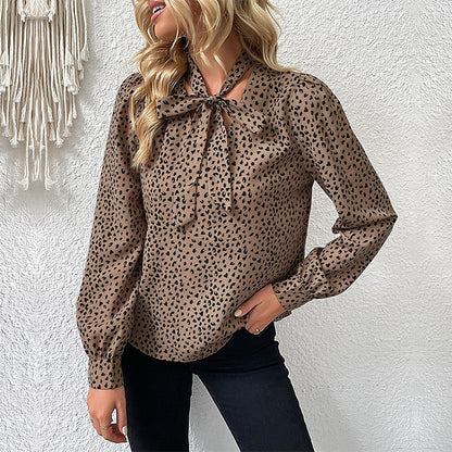 Leopard Print Long-Sleeved Blouse with Tie-Neck