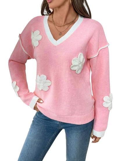 Floral Applique V-Neck Pullover Sweater with Contrast Trim