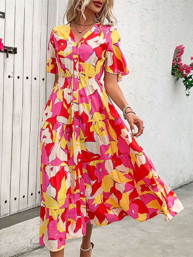 Abstract Print Tiered Midi Dress with V-Neck and Button Front