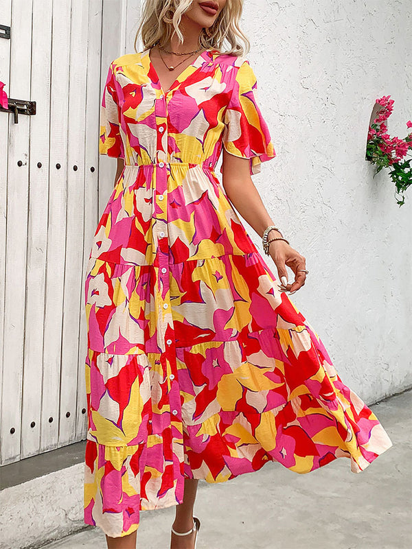 Abstract Print Tiered Midi Dress with V-Neck and Button Front