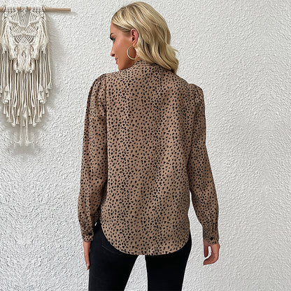 Leopard Print Long-Sleeved Blouse with Tie-Neck