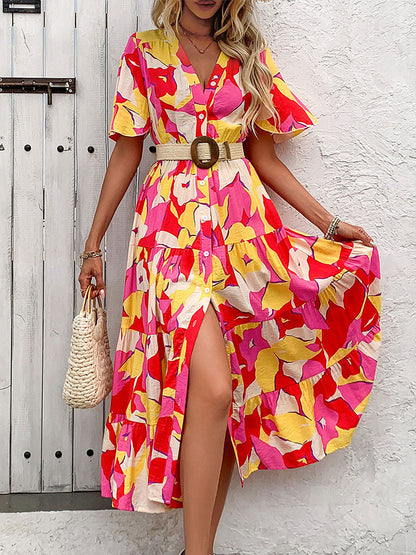 Abstract Print Tiered Midi Dress with V-Neck and Button Front