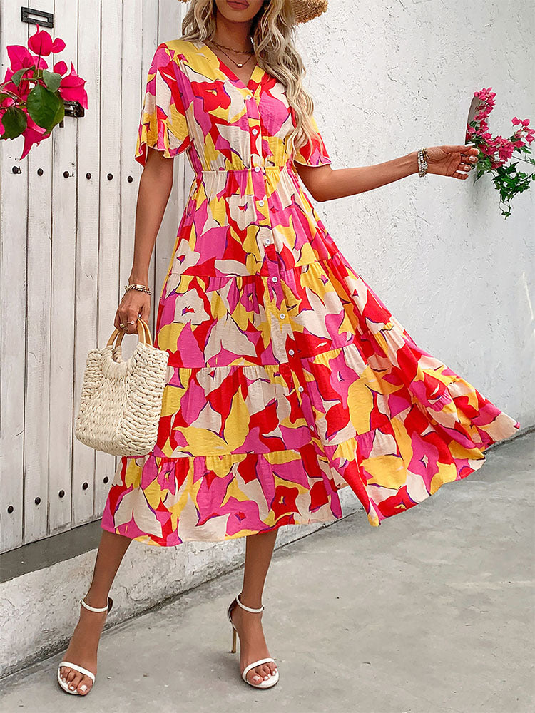 Abstract Print Tiered Midi Dress with V-Neck and Button Front