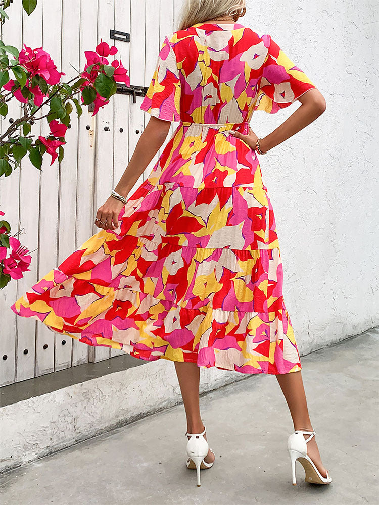 Abstract Print Tiered Midi Dress with V-Neck and Button Front