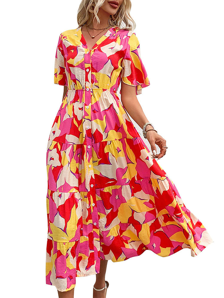 Abstract Print Tiered Midi Dress with V-Neck and Button Front
