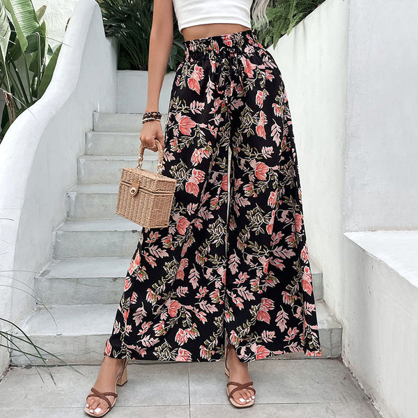 Floral Print Wide-Leg Pants with High Drawstring Waist