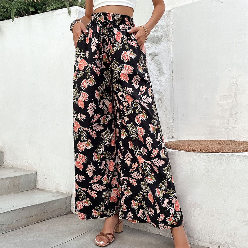 Floral Print Wide-Leg Pants with High Drawstring Waist
