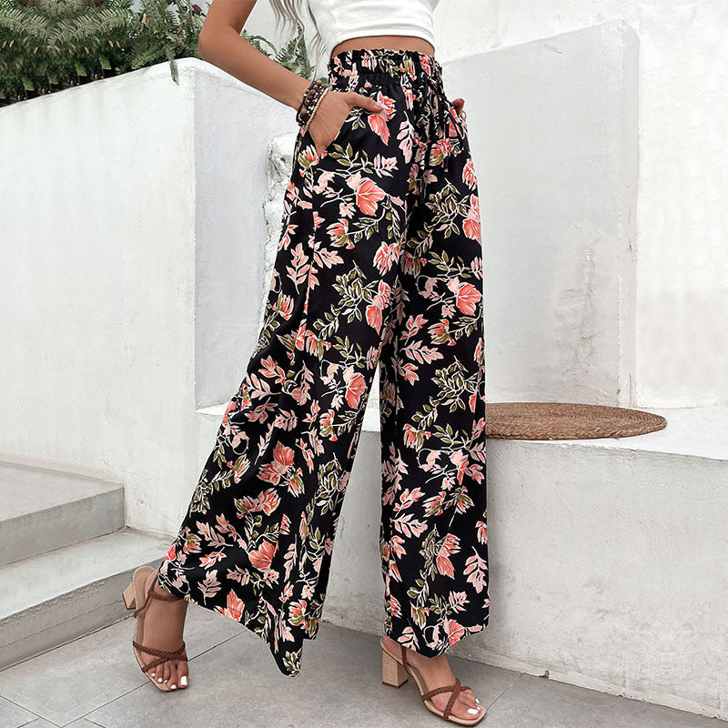 Floral Print Wide-Leg Pants with High Drawstring Waist