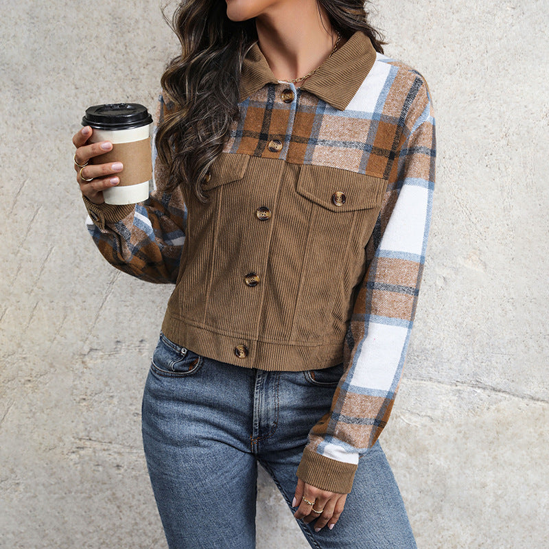 Cropped Corduroy Jacket with Plaid Patchwork