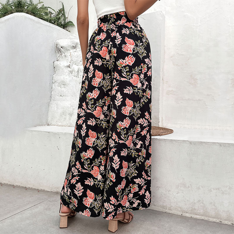 Floral Print Wide-Leg Pants with High Drawstring Waist