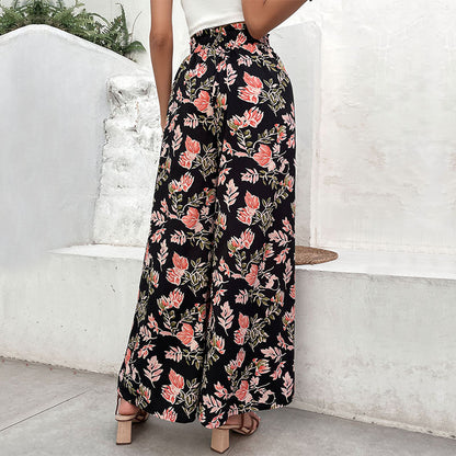 Floral Print Wide-Leg Pants with High Drawstring Waist