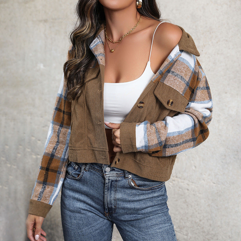 Cropped Corduroy Jacket with Plaid Patchwork