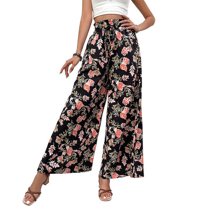 Floral Print Wide-Leg Pants with High Drawstring Waist