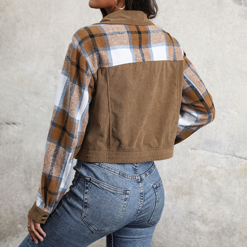 Cropped Corduroy Jacket with Plaid Patchwork