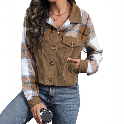 Cropped Corduroy Jacket with Plaid Patchwork