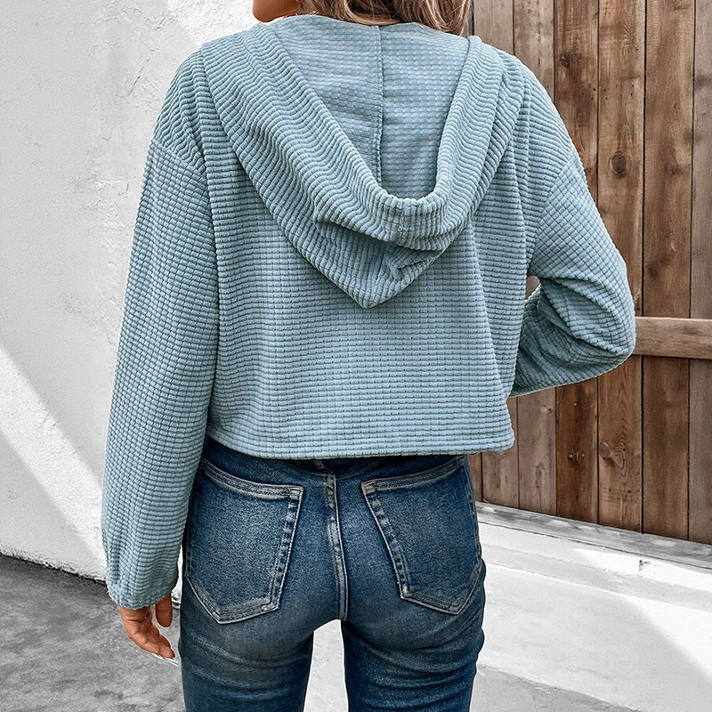 Cropped Loose Fit Textured Hoodie with Zipper Front