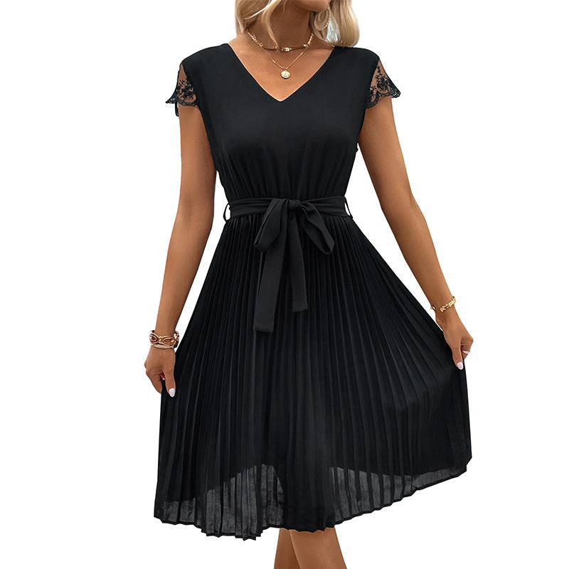 Pleated Midi Dress with V-Neck and Lace Sleeves