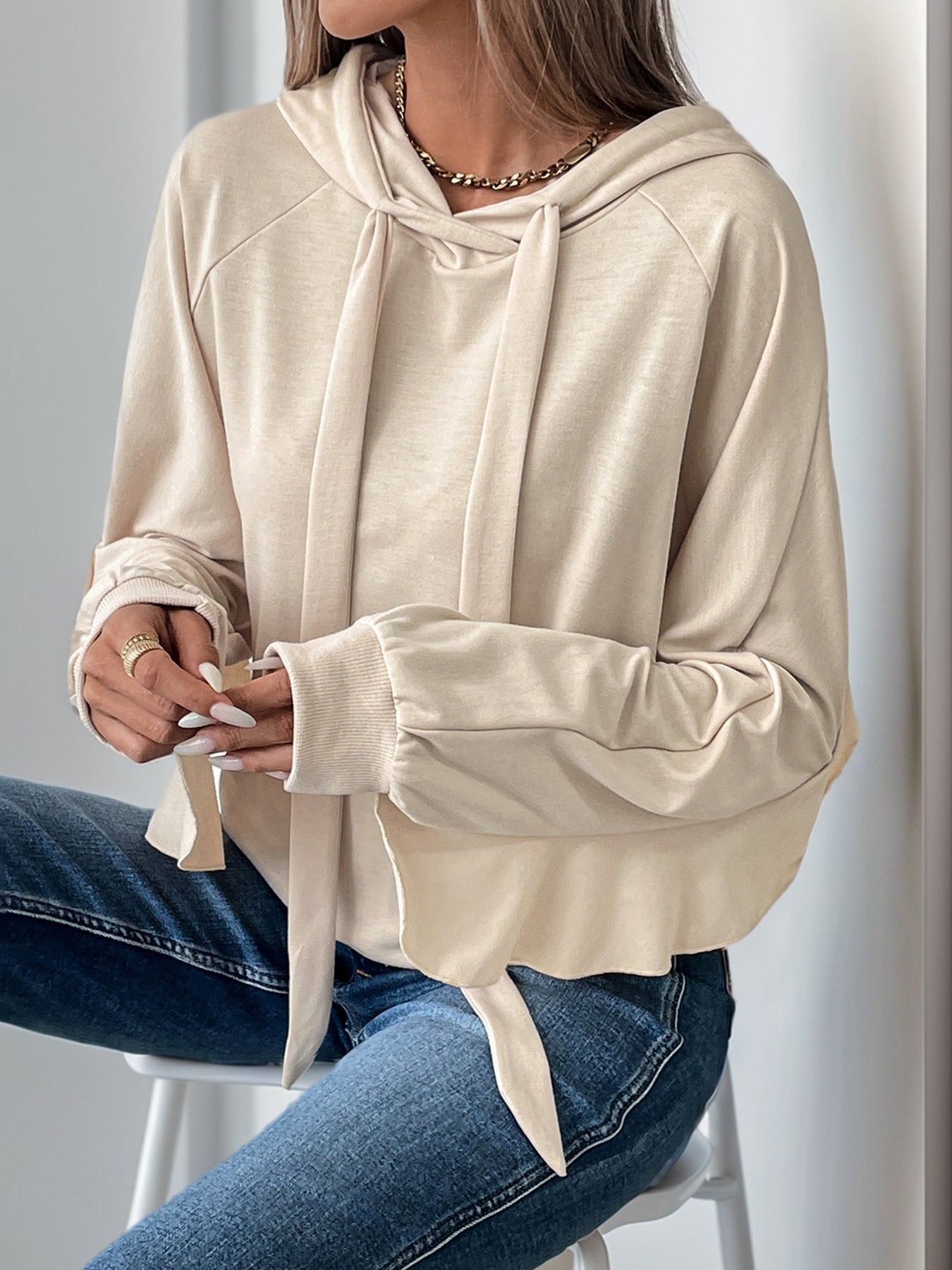 Oversized Solid Sweatshirt with Drawstring Hood and Bell Sleeves
