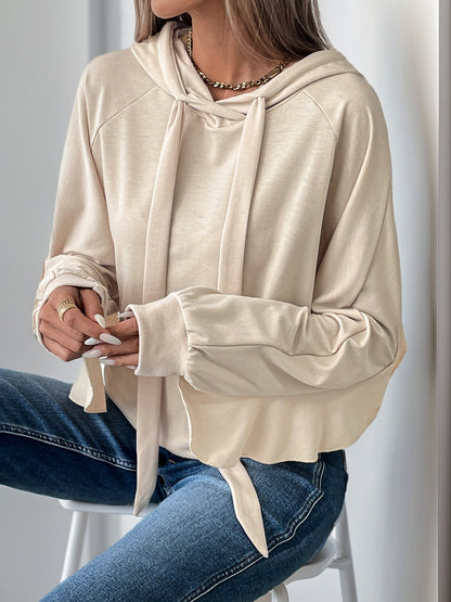 Oversized Solid Sweatshirt with Drawstring Hood and Bell Sleeves