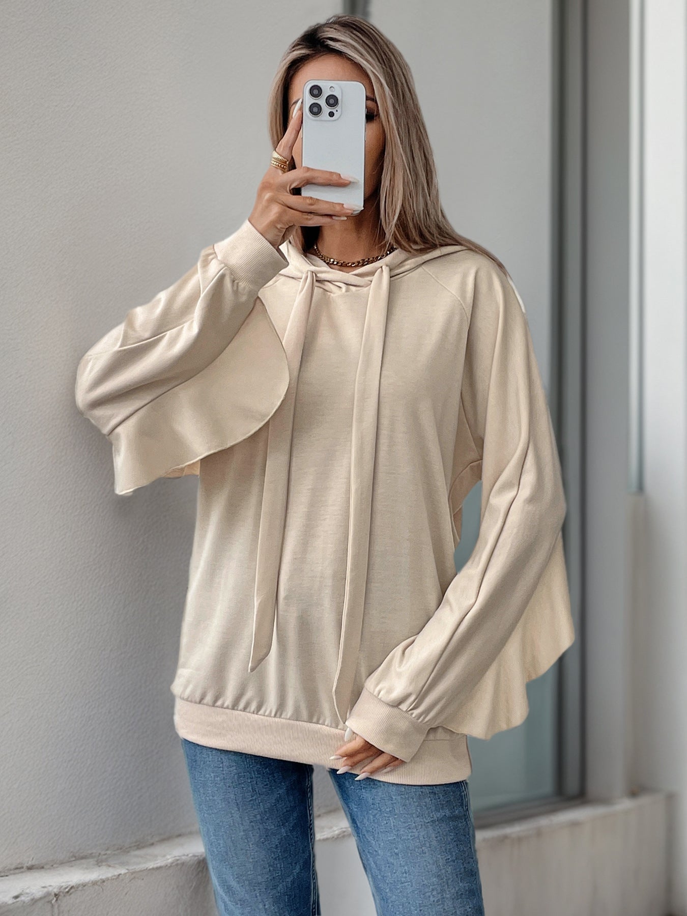 Oversized Solid Sweatshirt with Drawstring Hood and Bell Sleeves