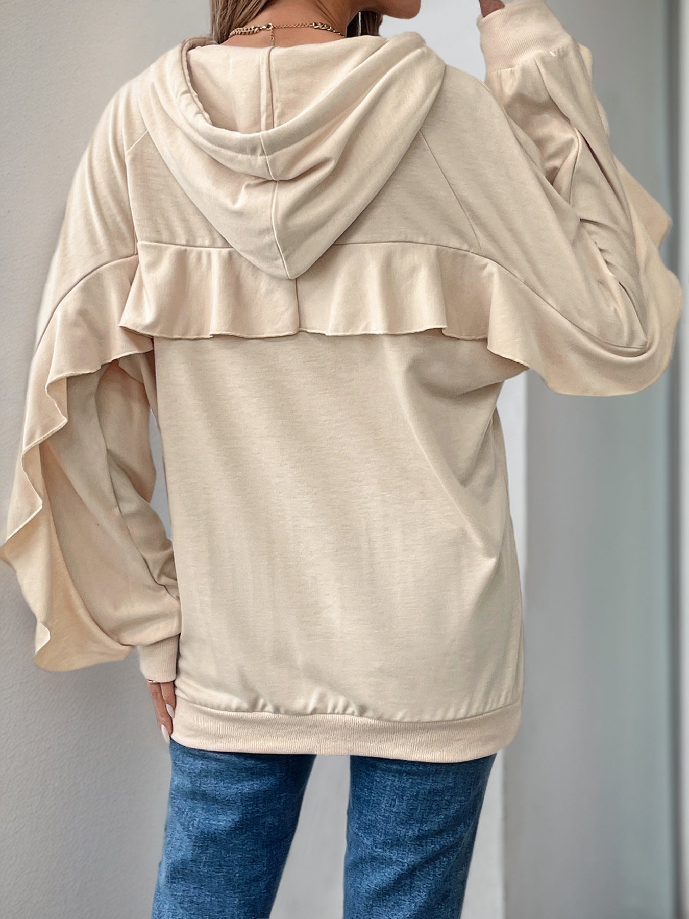 Oversized Solid Sweatshirt with Drawstring Hood and Bell Sleeves