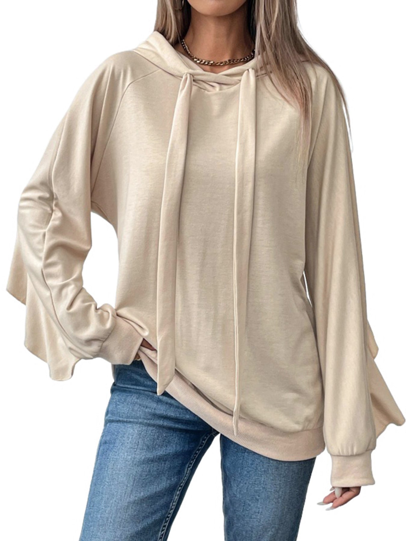Oversized Solid Sweatshirt with Drawstring Hood and Bell Sleeves
