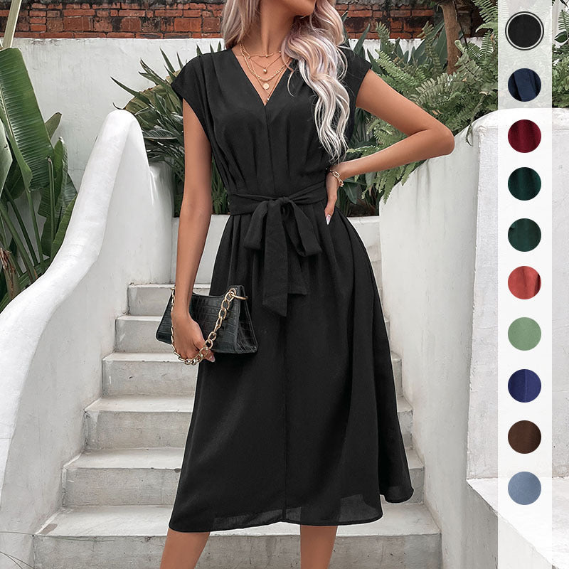 A-Line Midi Dress with V-Neck and Self-Tie Waist