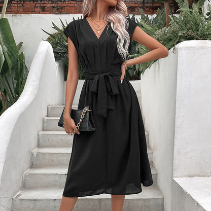 A-Line Midi Dress with V-Neck and Self-Tie Waist