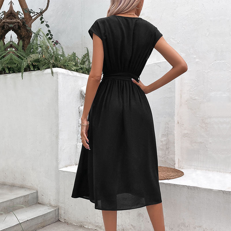 A-Line Midi Dress with V-Neck and Self-Tie Waist