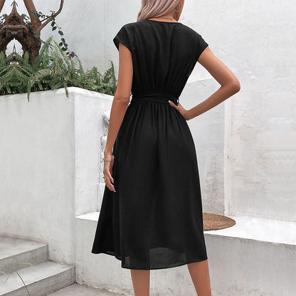 A-Line Midi Dress with V-Neck and Self-Tie Waist