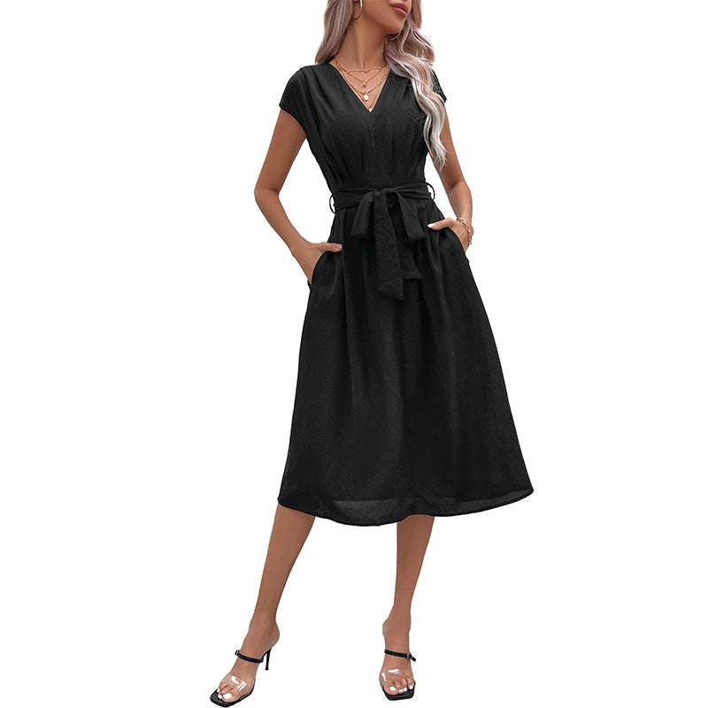 A-Line Midi Dress with V-Neck and Self-Tie Waist