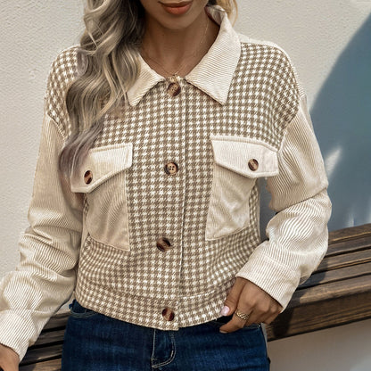 Cropped Houndstooth Jacket with Corduroy Patchwork