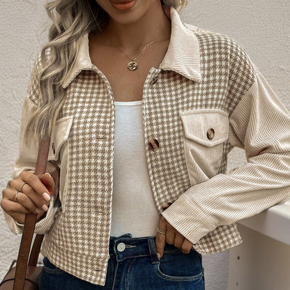 Cropped Houndstooth Jacket with Corduroy Patchwork